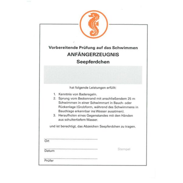 Seepferdchen Zeugnis für Frühschwimmer
