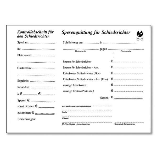 Schiedsrichter-Quittungsblock mit Kontrollabschnitt